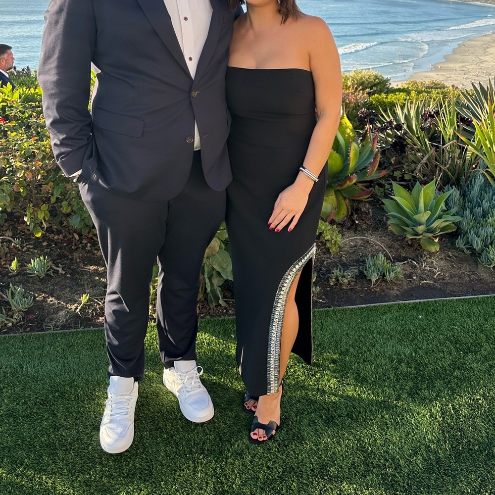 Cinq a Sept strapless bedazzled slit dress